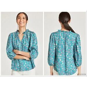 Thought Chandri Crepe Blouse Midori Green Blue Floral Print Size 6